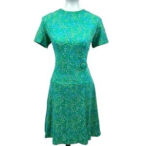 Vintage Retro Mid Century Mod Paisley Short Sleeve Drop Waist Flare Dress